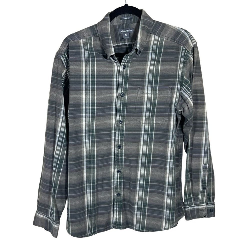Eddie Bauer Men's Flannel Shirt Relaxed Fit Button Front Grey Size L Large